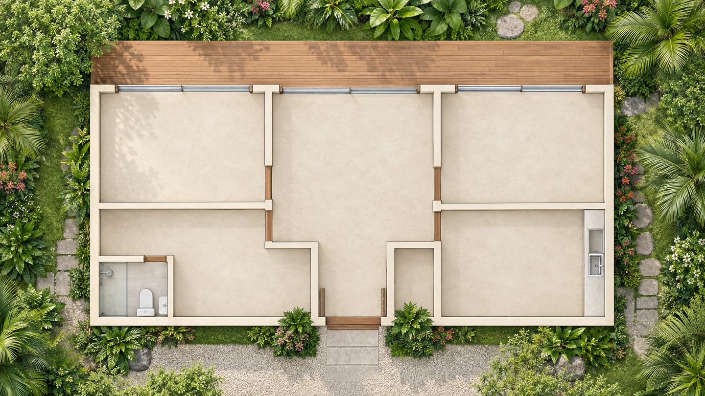 위에서 내려다본 주거 공간의 AI 2D 콘셉트 도면