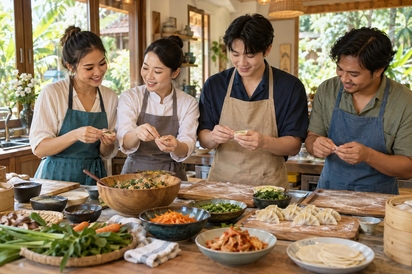 태국과 한국의 성인 참여자가 함께 한식을 만드는 요리 체험 · AI 콘셉트 · 실제 장소·시설 사진 아님